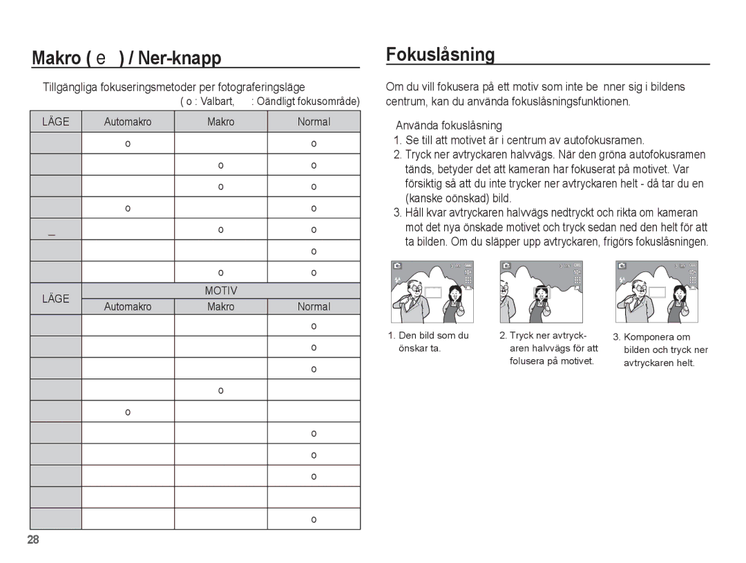 Samsung EC-S1070WBA/E2, EC-S1070BBA/E2 manual Fokuslåsning, Tillgängliga fokuseringsmetoder per fotograferingsläge, Valbart 