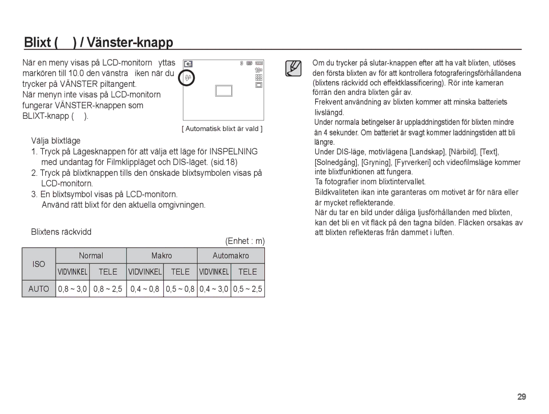 Samsung EC-S1070SBA/E2, EC-S1070BBA/E2, EC-S1070WBA/E2 Blixt / Vänster-knapp, Välja blixtläge, Blixtens räckvidd Enhet m 