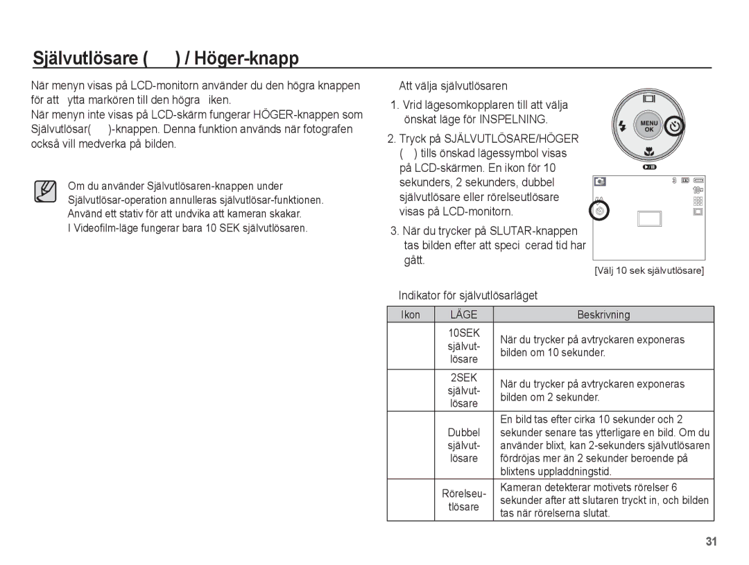 Samsung EC-S1070BBA/E2, EC-S1070WBA/E2 Självutlösare / Höger-knapp, Att välja självutlösaren, Tryck på SJÄLVUTLÖSARE/HÖGER 