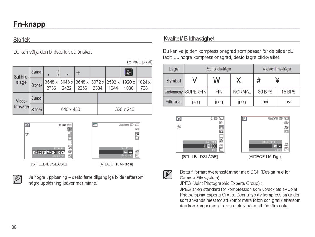 Samsung EC-S1070WBA/E2, EC-S1070BBA/E2 manual Storlek, Kvalitet/ Bildhastighet, Du kan välja den bildstorlek du önskar 