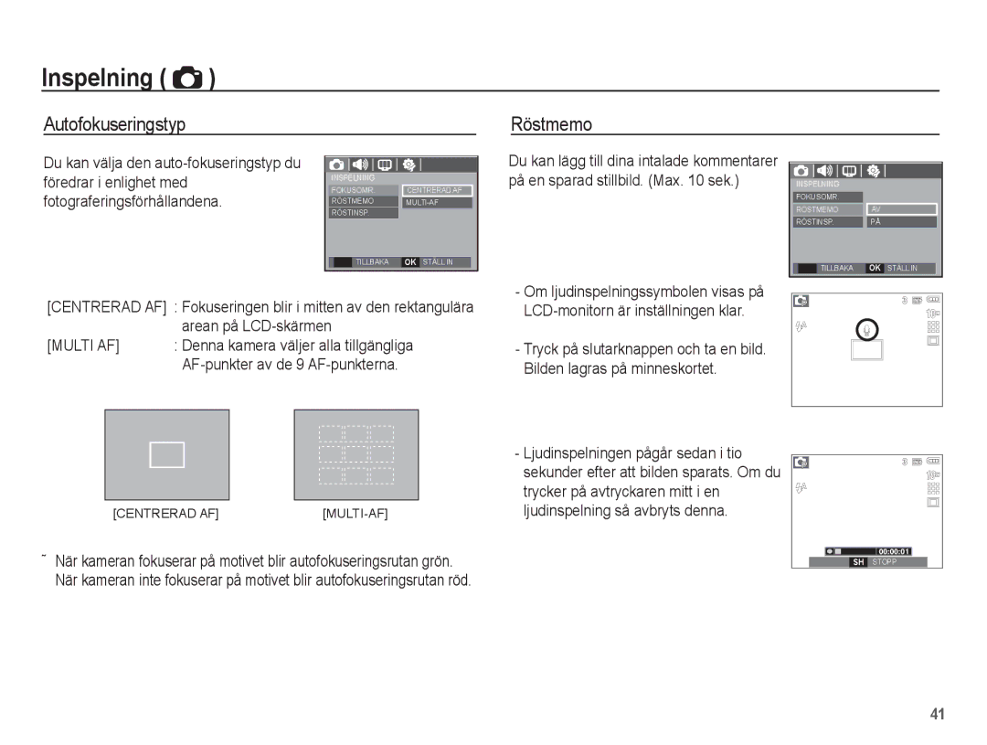 Samsung EC-S1070SBA/E2 Röstmemo, Föredrar i enlighet med, Fotograferingsförhållandena, Arean på LCD-skärmen, Multi AF 