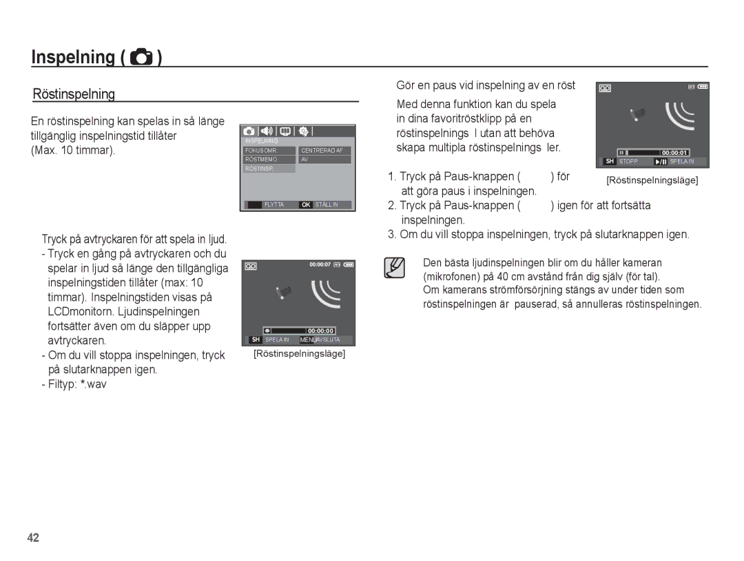 Samsung EC-S1070PBA/E2, EC-S1070BBA/E2, EC-S1070WBA/E2, EC-S1070SBA/E2 manual Röstinspelning 