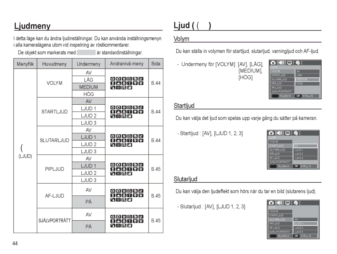 Samsung EC-S1070WBA/E2, EC-S1070BBA/E2, EC-S1070SBA/E2, EC-S1070PBA/E2 manual Ljudmeny, Ljud , Volym, Startljud, Slutarljud 