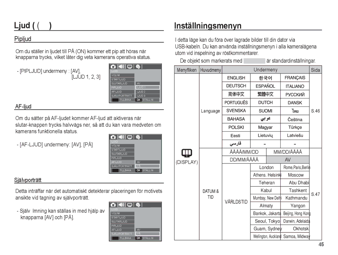 Samsung EC-S1070SBA/E2 manual Inställningsmenyn, Pipljud, AF-LJUD undermeny AV, PÅ, Menyfliken Huvudmeny Undermeny 