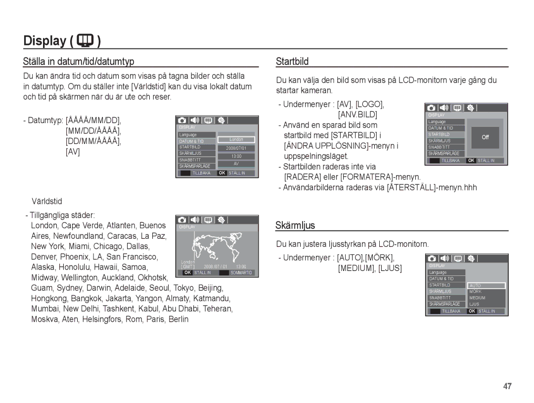 Samsung EC-S1070BBA/E2, EC-S1070WBA/E2, EC-S1070SBA/E2 manual Ställa in datum/tid/datumtyp, Startbild, Skärmljus, Anv.Bild 