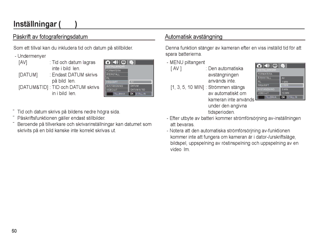 Samsung EC-S1070PBA/E2, EC-S1070BBA/E2, EC-S1070WBA/E2 manual Påskrift av fotograferingsdatum, Automatisk avstängning, Datum 