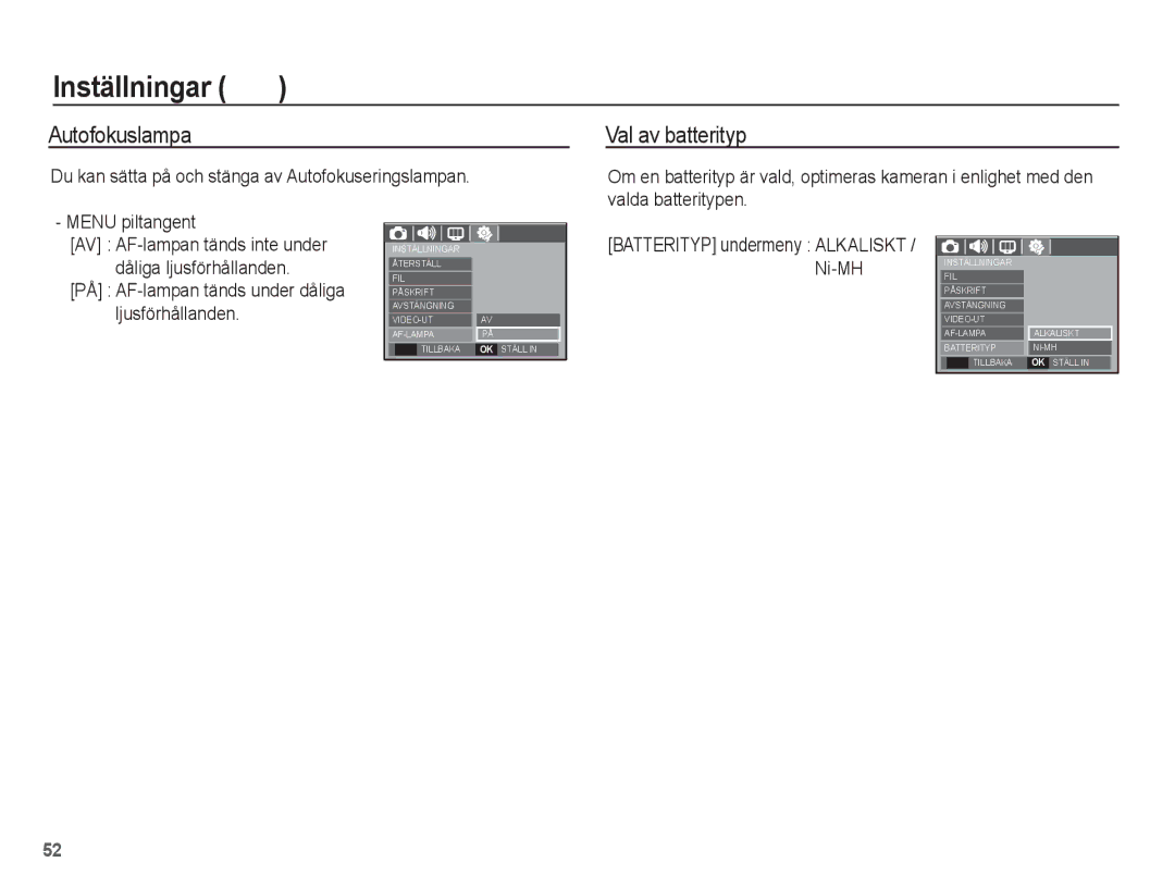 Samsung EC-S1070WBA/E2 manual Autofokuslampa, Val av batterityp, Du kan sätta på och stänga av Autofokuseringslampan 