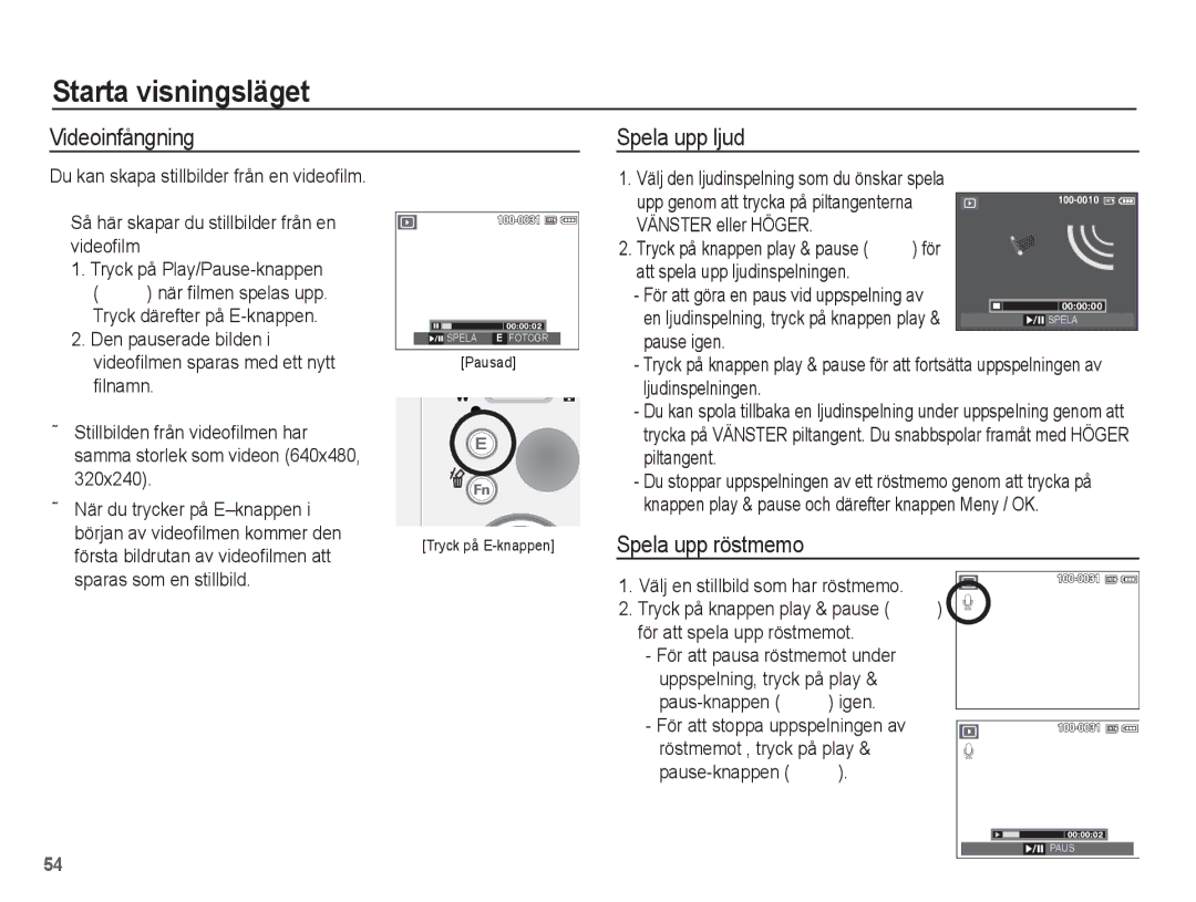 Samsung EC-S1070PBA/E2, EC-S1070BBA/E2, EC-S1070WBA/E2, EC-S1070SBA/E2 Videoinfångning, Spela upp ljud, Spela upp röstmemo 