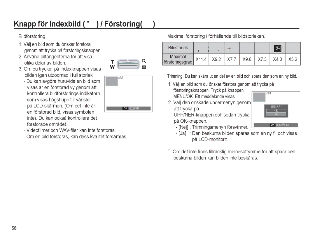 Samsung EC-S1070WBA/E2, EC-S1070BBA/E2, EC-S1070SBA/E2, EC-S1070PBA/E2 Knapp för Indexbild º / Förstoring í, Bildförstoring 