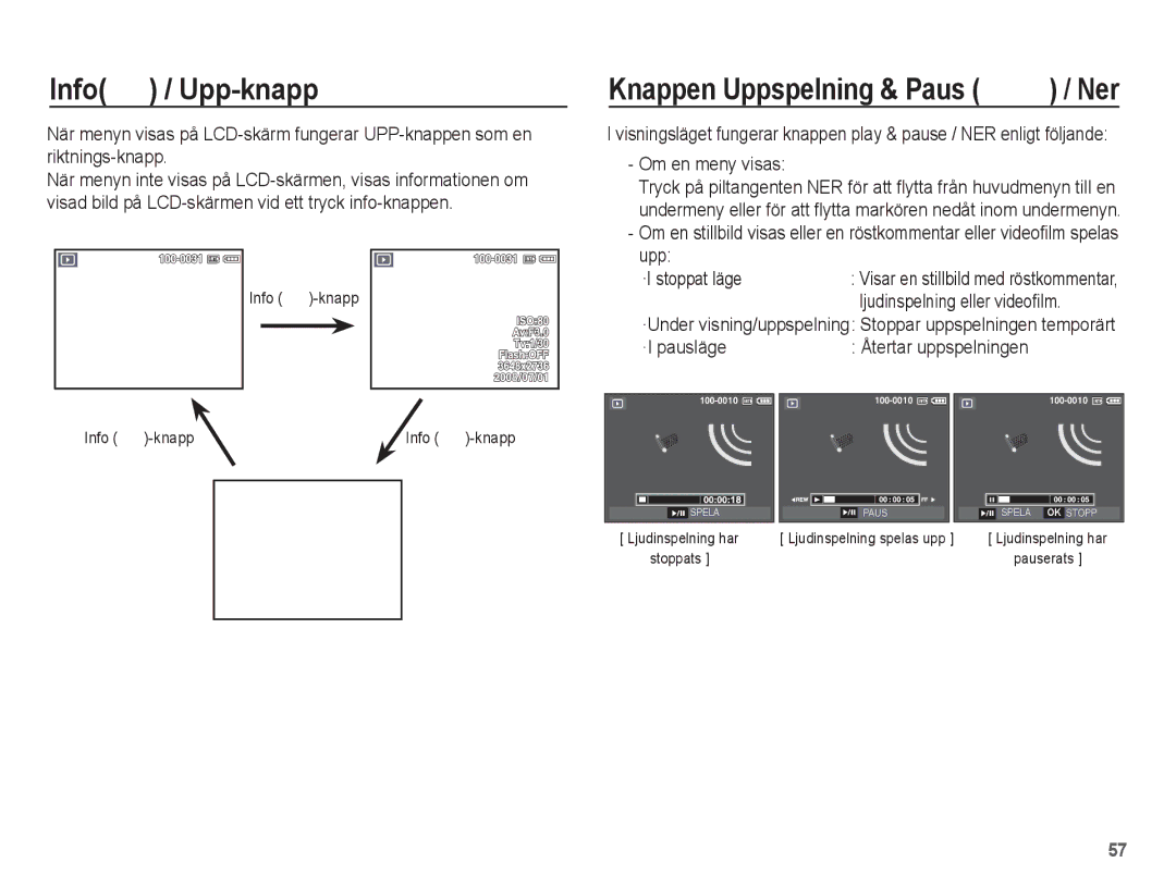 Samsung EC-S1070SBA/E2, EC-S1070BBA/E2, EC-S1070WBA/E2, EC-S1070PBA/E2 Info î / Upp-knapp, Om en meny visas, ·I pausläge 