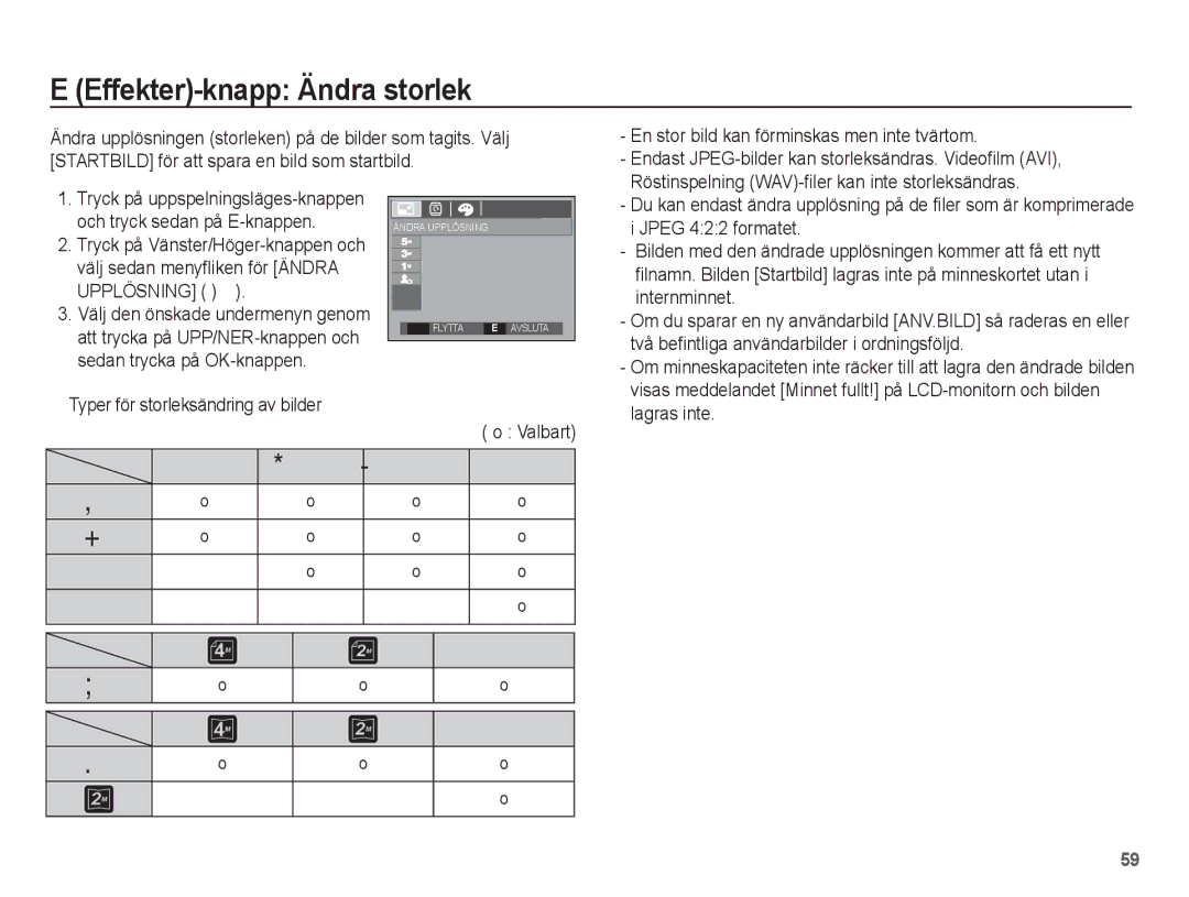 Samsung EC-S1070BBA/E2, EC-S1070WBA/E2, EC-S1070SBA/E2, EC-S1070PBA/E2 manual Effekter-knapp Ändra storlek 