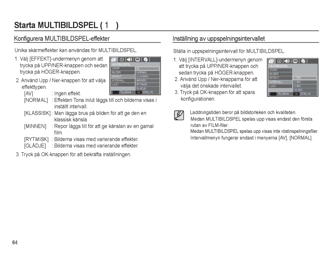 Samsung EC-S1070WBA/E2 Konfigurera MULTIBILDSPEL-effekter, Inställning av uppspelningsintervallet, Normal, Minnen, Glädje 