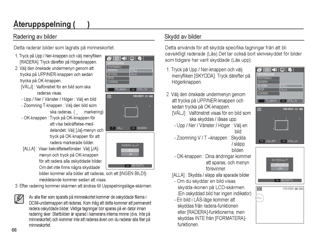 Samsung EC-S1070PBA/E2, EC-S1070BBA/E2 manual Radering av bilder, Skydd av bilder, Alla Skydda / släpp alla sparade bilder 