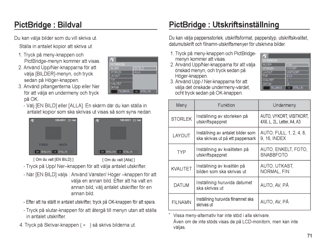 Samsung EC-S1070BBA/E2, EC-S1070WBA/E2, EC-S1070SBA/E2, EC-S1070PBA/E2 PictBridge Bildval, PictBridge Utskriftsinställning 