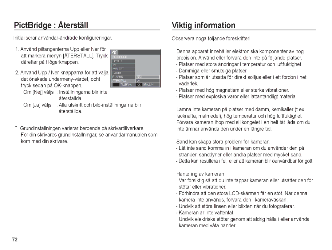 Samsung EC-S1070WBA/E2, EC-S1070BBA/E2, EC-S1070SBA/E2 PictBridge Återställ, Viktig information, Tryck sedan på OK-knappen 