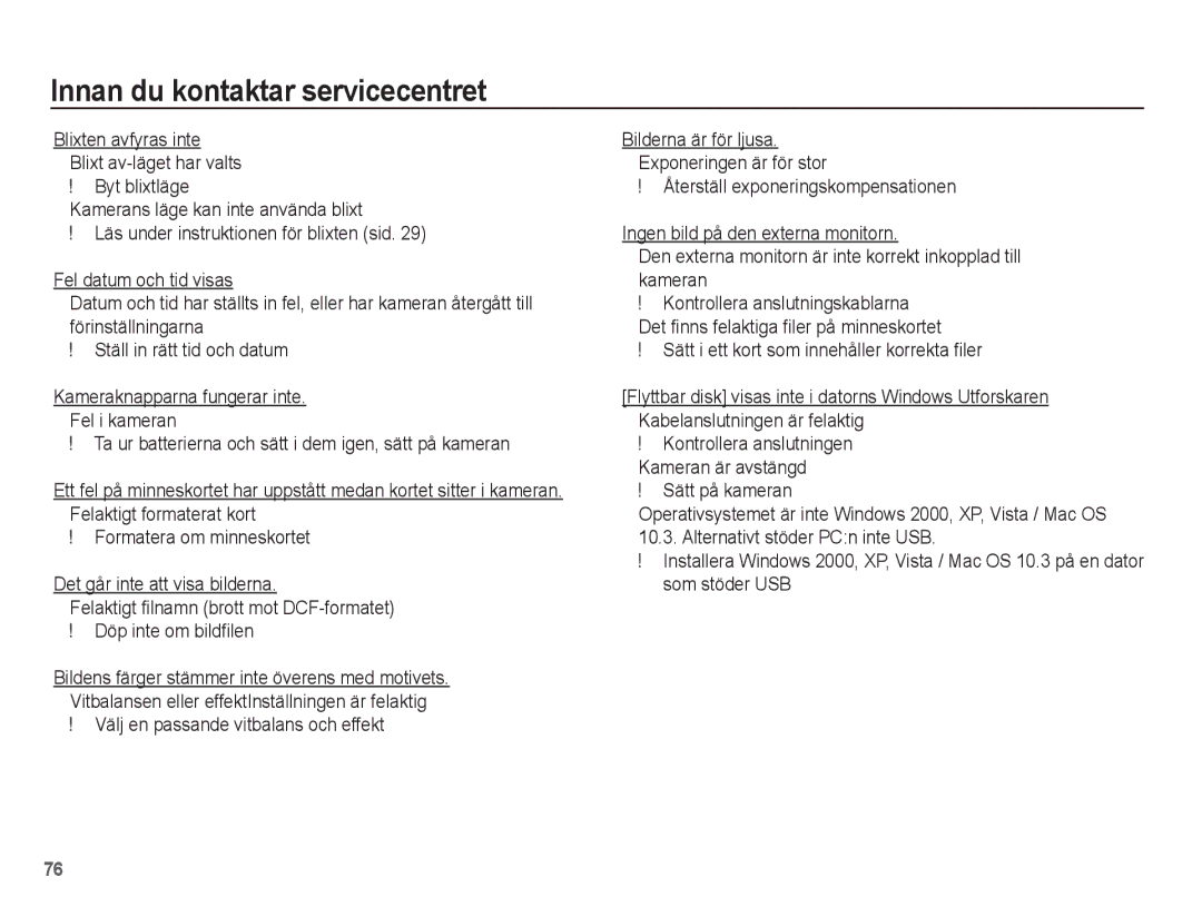 Samsung EC-S1070WBA/E2, EC-S1070BBA/E2, EC-S1070SBA/E2, EC-S1070PBA/E2 manual Kontrollera anslutningen Kameran är avstängd 