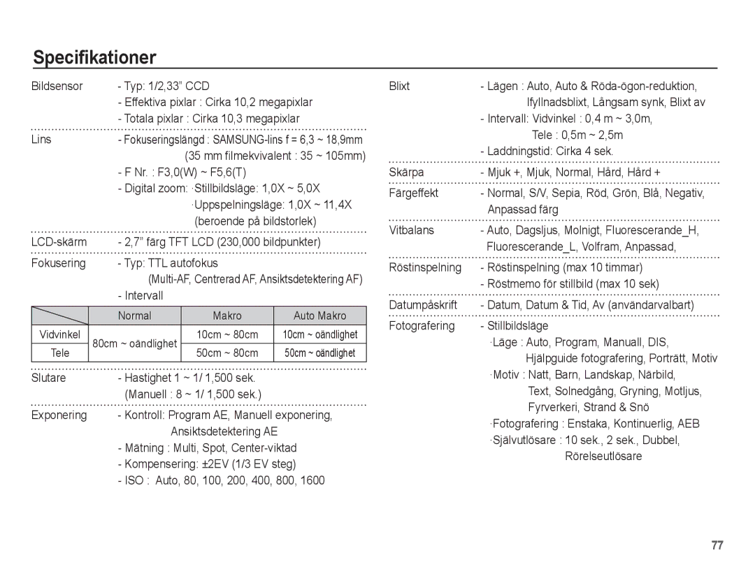 Samsung EC-S1070SBA/E2, EC-S1070BBA/E2, EC-S1070WBA/E2, EC-S1070PBA/E2 manual Specifikationer 