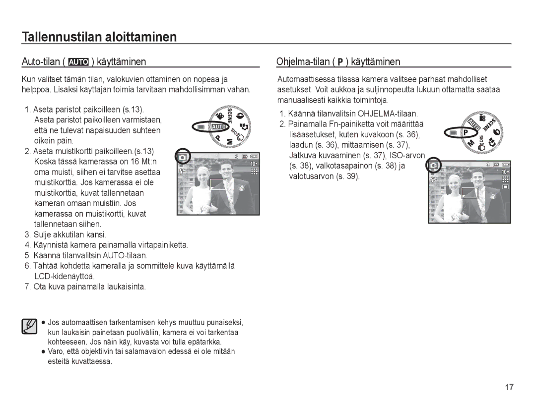 Samsung EC-S1070SBA/E2, EC-S1070BBA/E2 Tallennustilan aloittaminen, Auto-tilan μ käyttäminen, Ohjelma-tilan käyttäminen 