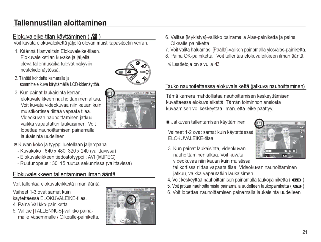 Samsung EC-S1070SBA/E2, EC-S1070BBA/E2 manual Elokuvaleike-tilan käyttäminen ´, Elokuvaleikkeen tallentaminen ilman ääntä 