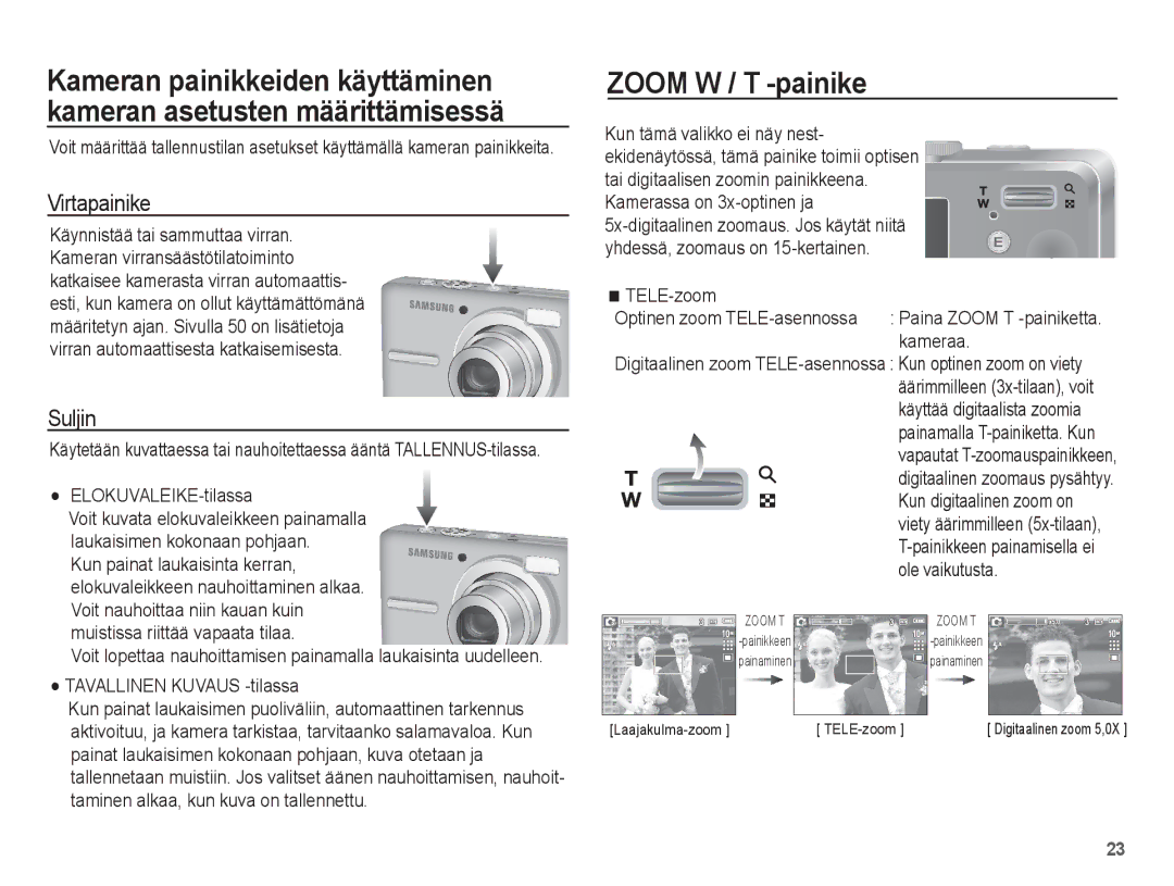 Samsung EC-S1070BBA/E2, EC-S1070WBA/E2, EC-S1070SBA/E2, EC-S1070PBA/E2 manual Zoom W / T -painike, Virtapainike, Suljin 