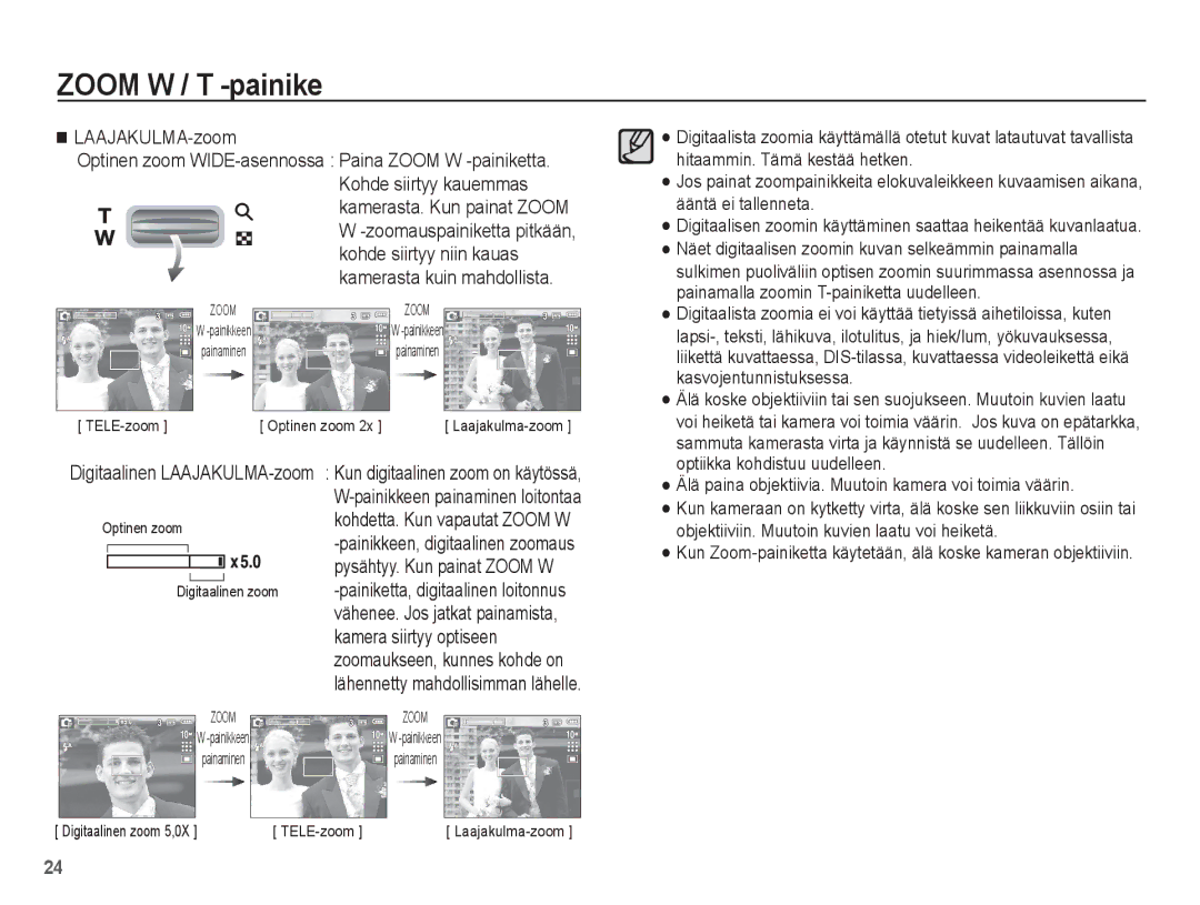 Samsung EC-S1070WBA/E2, EC-S1070BBA/E2, EC-S1070SBA/E2, EC-S1070PBA/E2 manual TELE-zoom Optinen zoom 