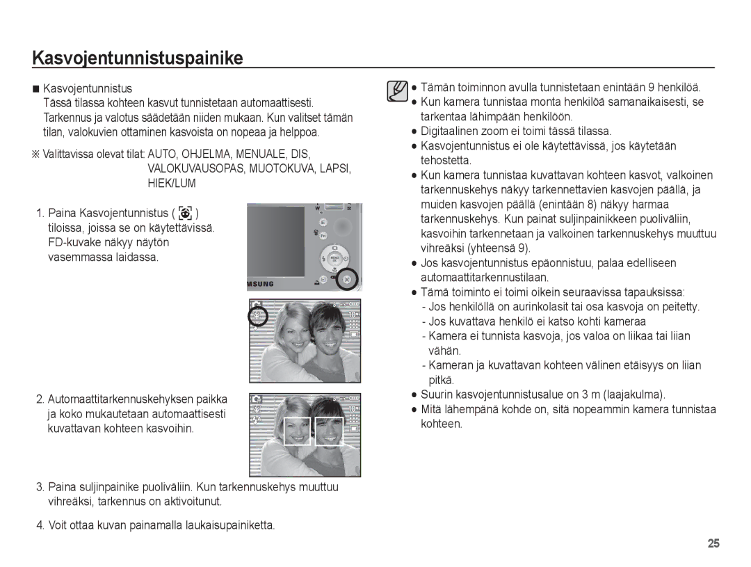 Samsung EC-S1070SBA/E2, EC-S1070BBA/E2 Kasvojentunnistuspainike, Valittavissa olevat tilat AUTO, OHJELMA, MENUALE, DIS 