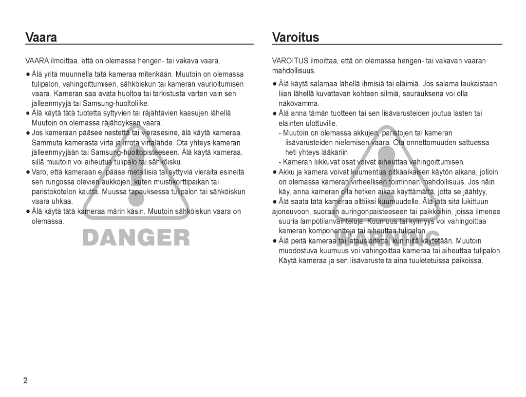 Samsung EC-S1070PBA/E2, EC-S1070BBA/E2 manual Varoitus, Vaara ilmoittaa, että on olemassa hengen- tai vakava vaara 