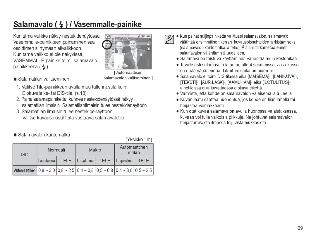 Samsung EC-S1070SBA/E2, EC-S1070BBA/E2 manual Salamavalo / Vasemmalle-painike, Salamavalon kantomatka, Normaali Makro, Iso 