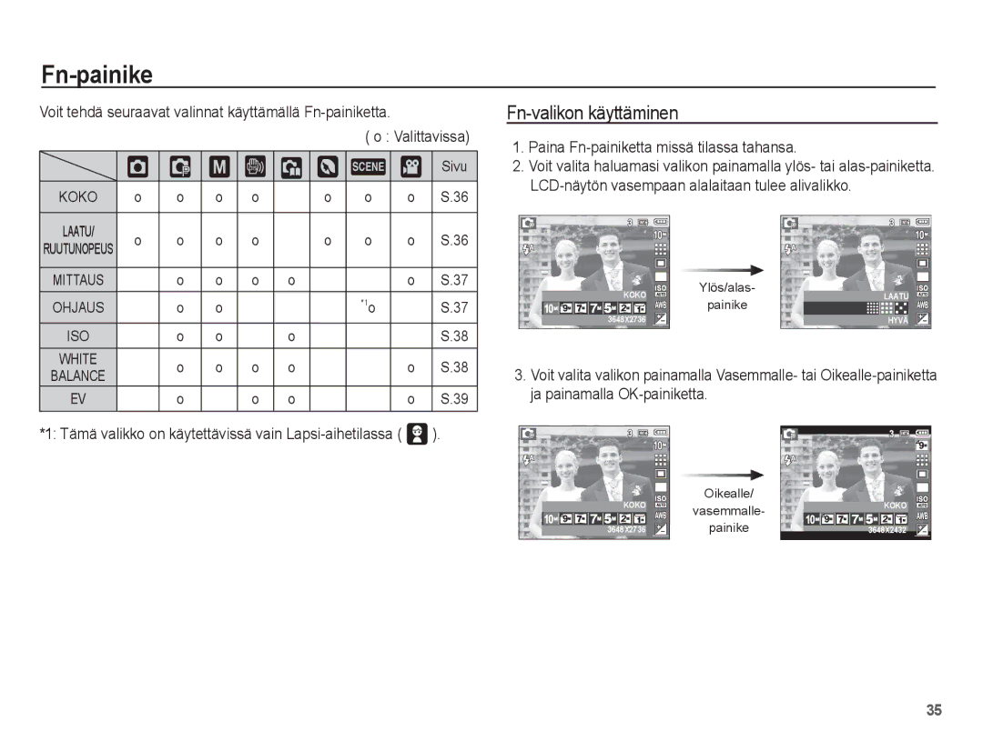 Samsung EC-S1070BBA/E2 manual ‰ ÿ, Fn-valikon käyttäminen, Voit tehdä seuraavat valinnat käyttämällä Fn-painiketta 