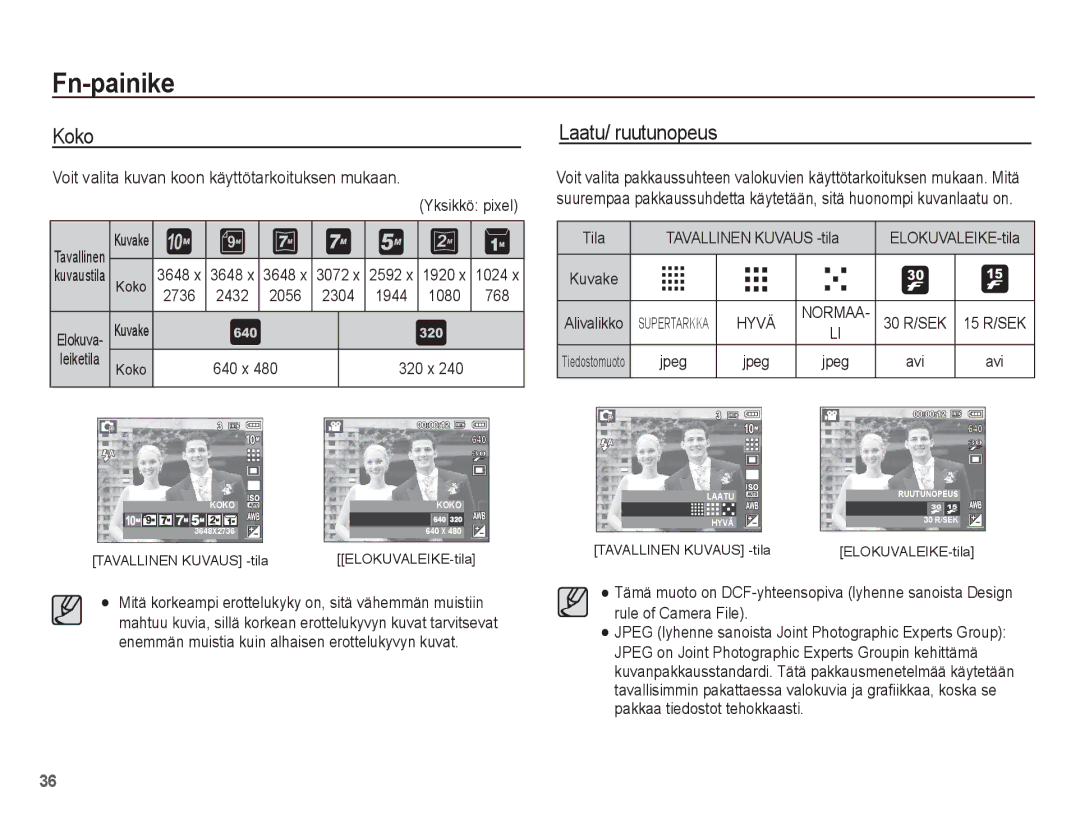 Samsung EC-S1070WBA/E2, EC-S1070BBA/E2 manual Koko, Laatu/ ruutunopeus, Voit valita kuvan koon käyttötarkoituksen mukaan 