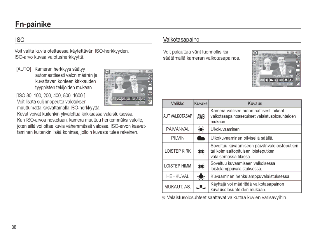 Samsung EC-S1070PBA/E2, EC-S1070BBA/E2 Valkotasapaino, ISO 80, 100, 200, 400, 800, Voit lisätä suljinnopeutta valotuksen 