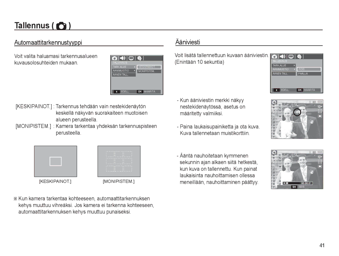 Samsung EC-S1070SBA/E2 manual Automaattitarkennustyyppi, Ääniviesti, Kuvausolosuhteiden mukaan, Enintään 10 sekuntia 