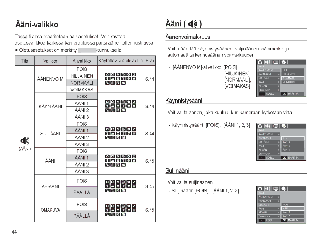 Samsung EC-S1070WBA/E2, EC-S1070BBA/E2, EC-S1070SBA/E2 Ääni-valikko, Ääni , Äänenvoimakkuus, Käynnistysääni, Suljinääni 