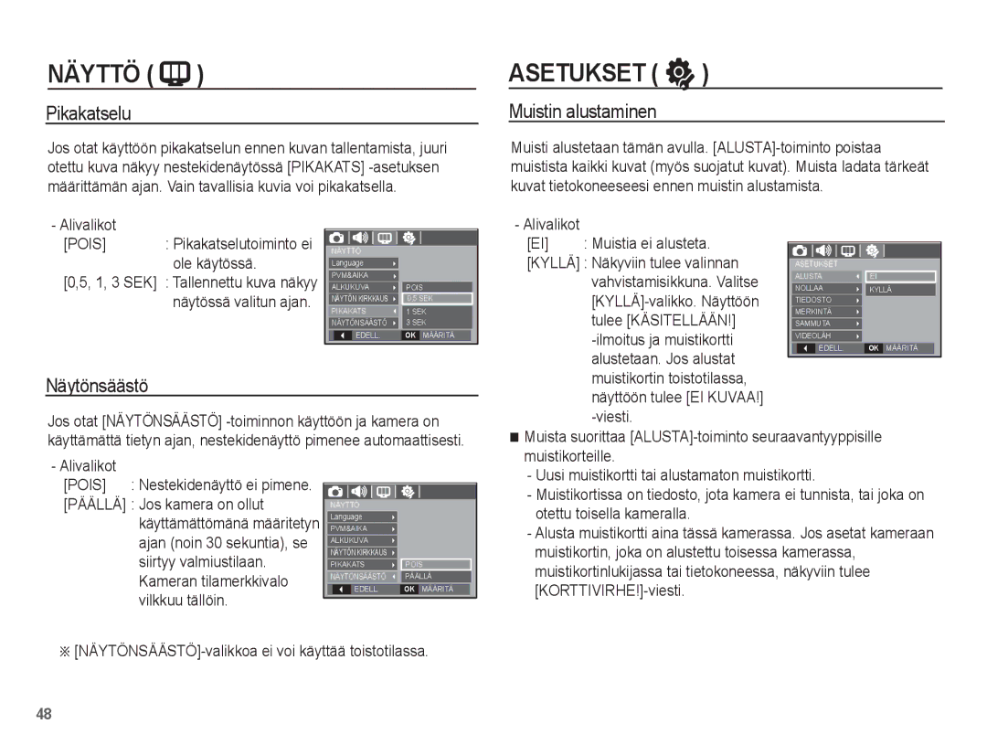 Samsung EC-S1070WBA/E2, EC-S1070BBA/E2, EC-S1070SBA/E2, EC-S1070PBA/E2 manual Pikakatselu, Muistin alustaminen, Näytönsäästö 