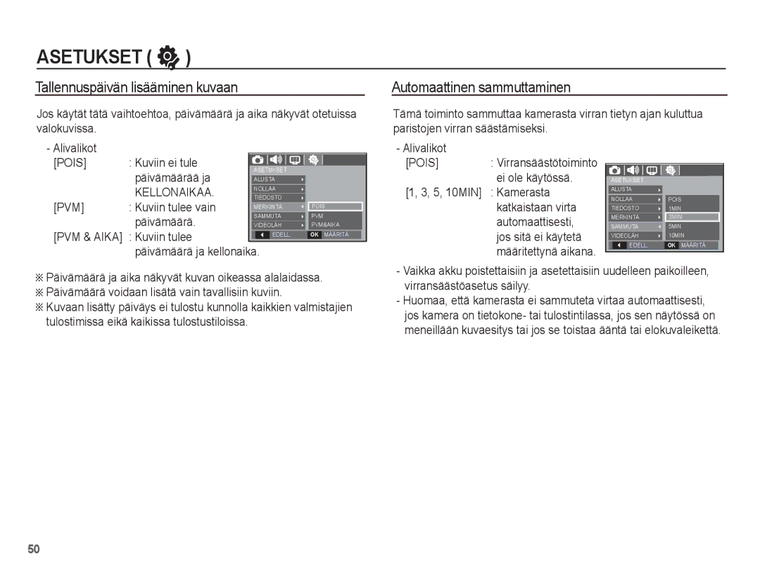 Samsung EC-S1070PBA/E2 Kuviin ei tule, Päivämäärää ja Ei ole käytössä, Kamerasta, Kuviin tulee vain, Katkaistaan virta 