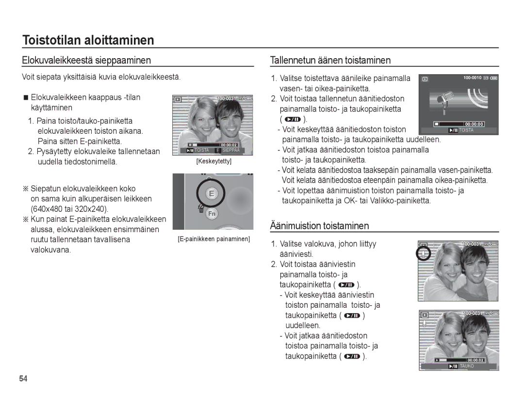 Samsung EC-S1070PBA/E2 manual Elokuvaleikkeestä sieppaaminen, Tallennetun äänen toistaminen, Äänimuistion toistaminen 