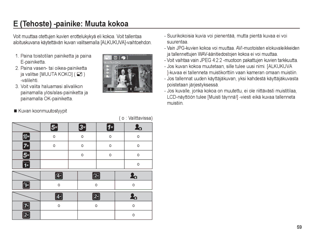 Samsung EC-S1070BBA/E2, EC-S1070WBA/E2, EC-S1070SBA/E2, EC-S1070PBA/E2 manual Tehoste -painike Muuta kokoa 