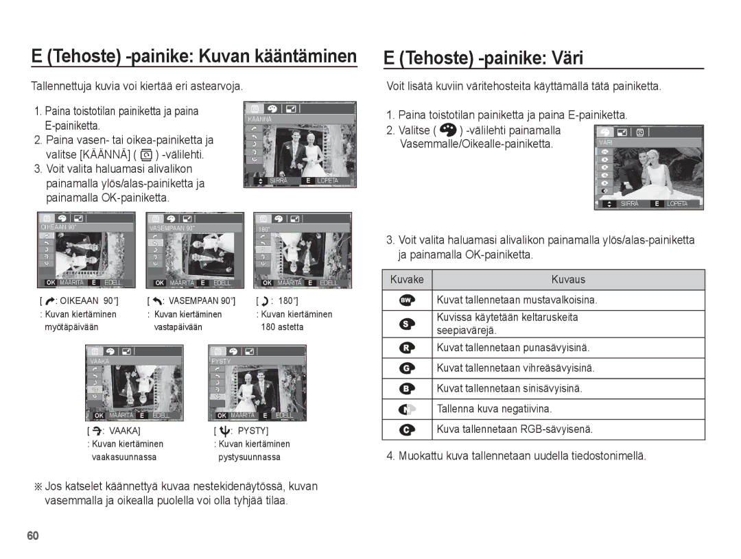 Samsung EC-S1070WBA/E2, EC-S1070BBA/E2 manual Tehoste -painike Kuvan kääntäminen E Tehoste -painike Väri, Seepiavärejä 