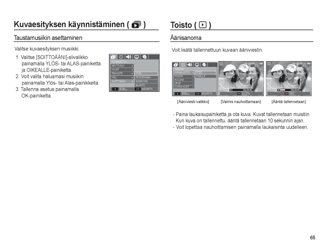 Samsung EC-S1070SBA/E2, EC-S1070BBA/E2 Toisto à, Taustamusiikin asettaminen, Äänisanoma, Valitse kuvaesityksen musiikki 