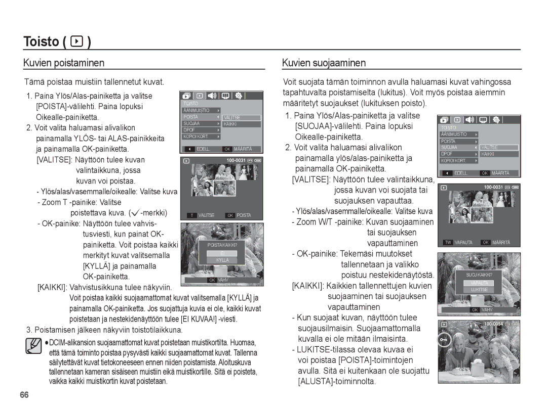 Samsung EC-S1070PBA/E2, EC-S1070BBA/E2 Kuvien poistaminen, Kuvien suojaaminen, Tämä poistaa muistiin tallennetut kuvat 