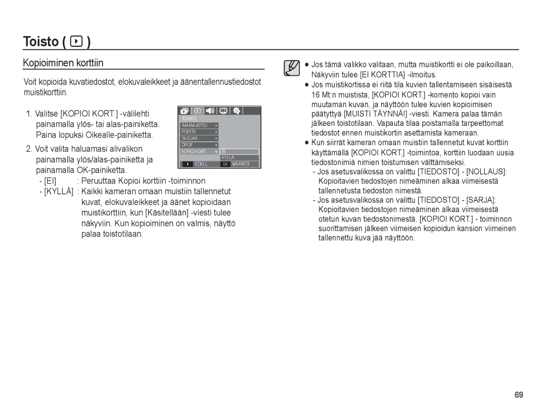 Samsung EC-S1070SBA/E2 manual Kopioiminen korttiin, Valitse Kopioi KORT. -välilehti, Paina lopuksi Oikealle-painiketta 