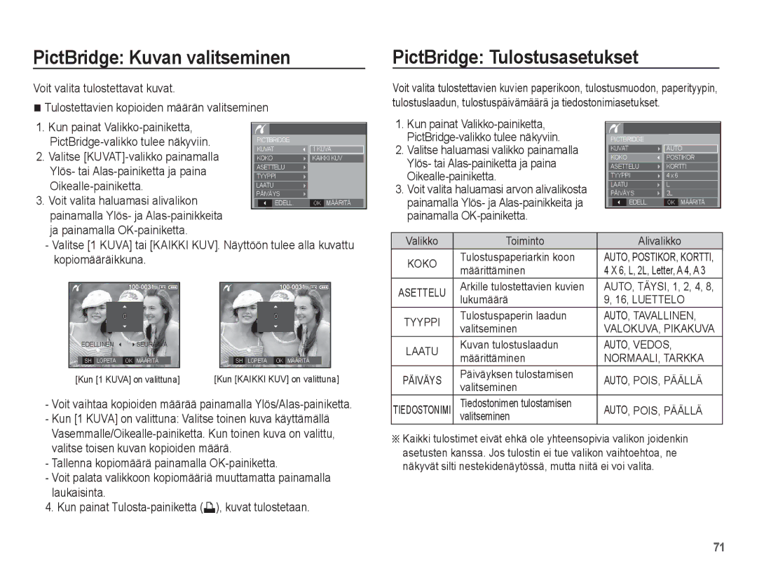 Samsung EC-S1070BBA/E2 manual PictBridge Kuvan valitseminen, PictBridge Tulostusasetukset, Ja painamalla OK-painiketta 