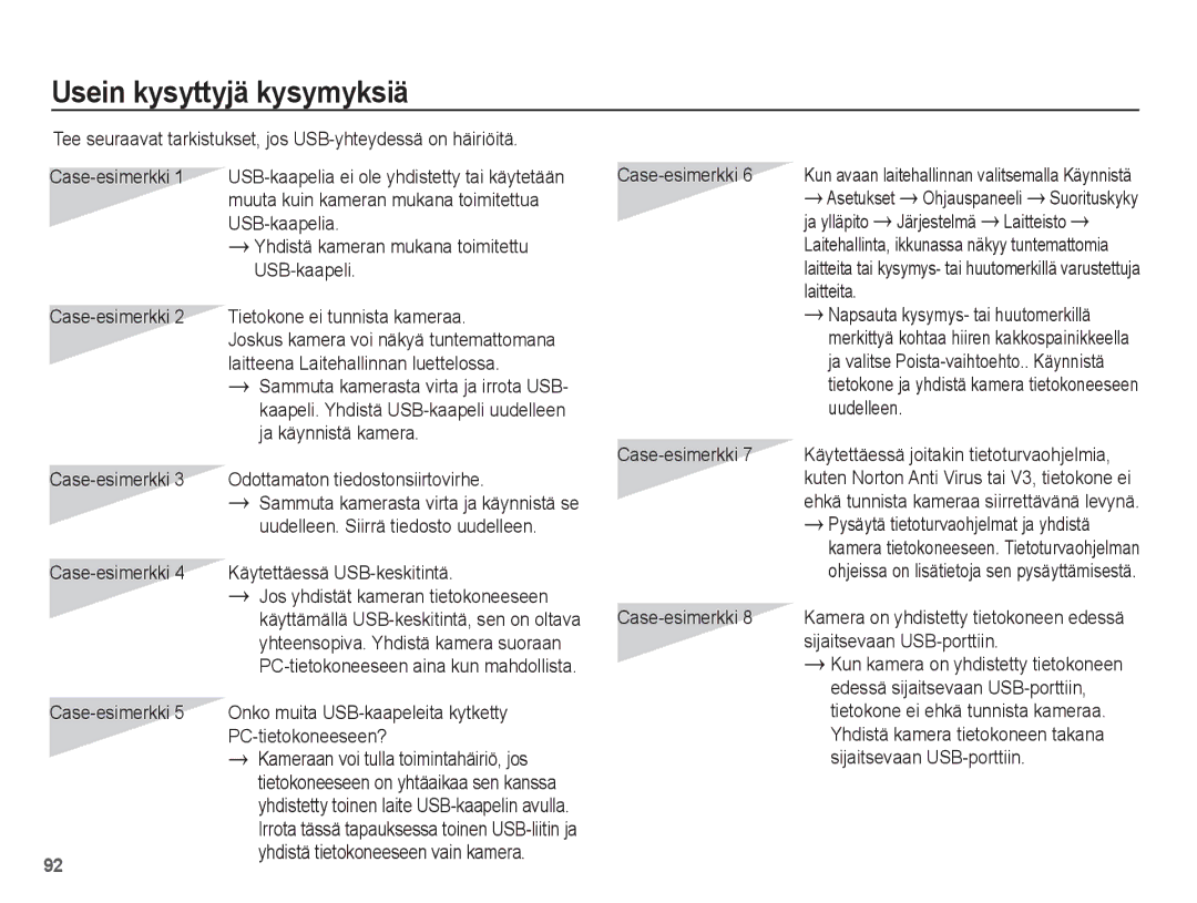 Samsung EC-S1070WBA/E2, EC-S1070BBA/E2, EC-S1070SBA/E2, EC-S1070PBA/E2 manual Usein kysyttyjä kysymyksiä 