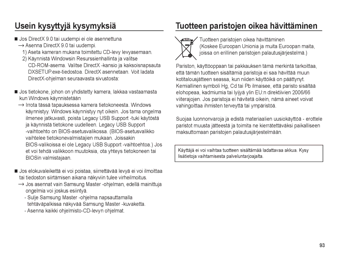 Samsung EC-S1070SBA/E2, EC-S1070BBA/E2 Tuotteen paristojen oikea hävittäminen, Asenna kaikki ohjelmisto-CD-levyn ohjelmat 