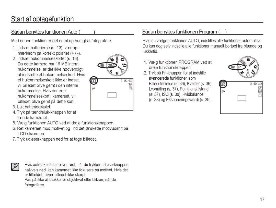 Samsung EC-S1070SBA/E2 manual Start af optagefunktion, Sådan benyttes funktionen Auto μ, Sådan benyttes funktionen Program 