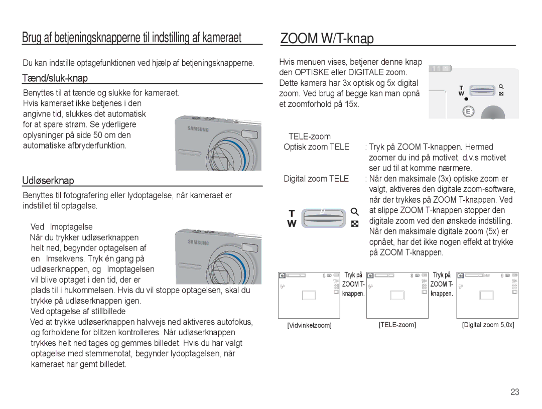 Samsung EC-S1070BBA/E2, EC-S1070WBA/E2, EC-S1070SBA/E2, EC-S1070PBA/E2 manual Zoom W/T-knap, Tænd/sluk-knap, Udløserknap 