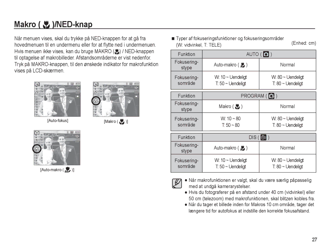 Samsung EC-S1070BBA/E2, EC-S1070WBA/E2, EC-S1070SBA/E2, EC-S1070PBA/E2 manual Makro e/NED-knap, Auto Š, DIS ÿ 