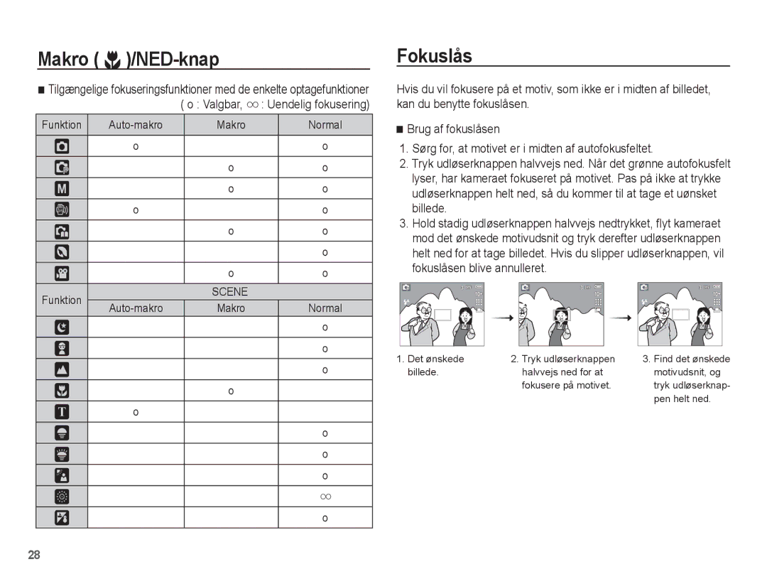 Samsung EC-S1070WBA/E2, EC-S1070BBA/E2, EC-S1070SBA/E2, EC-S1070PBA/E2 manual Fokuslås, Valgbar 