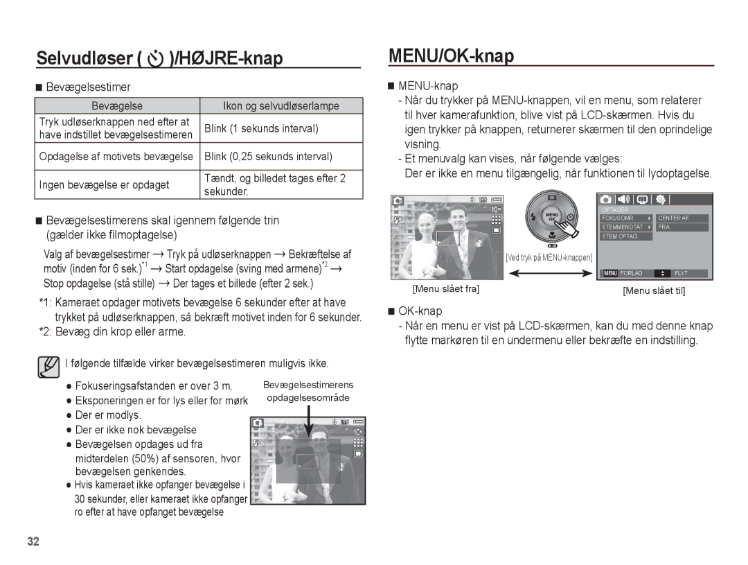 Samsung EC-S1070WBA/E2, EC-S1070BBA/E2 MENU/OK-knap, Bevægelsestimer, Gælder ikke ﬁlmoptagelse, Bevæg din krop eller arme 