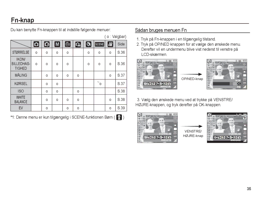 Samsung EC-S1070BBA/E2 manual ‰ ÿ, Sådan bruges menuen Fn, Du kan benytte Fn-knappen til at indstille følgende menuer 